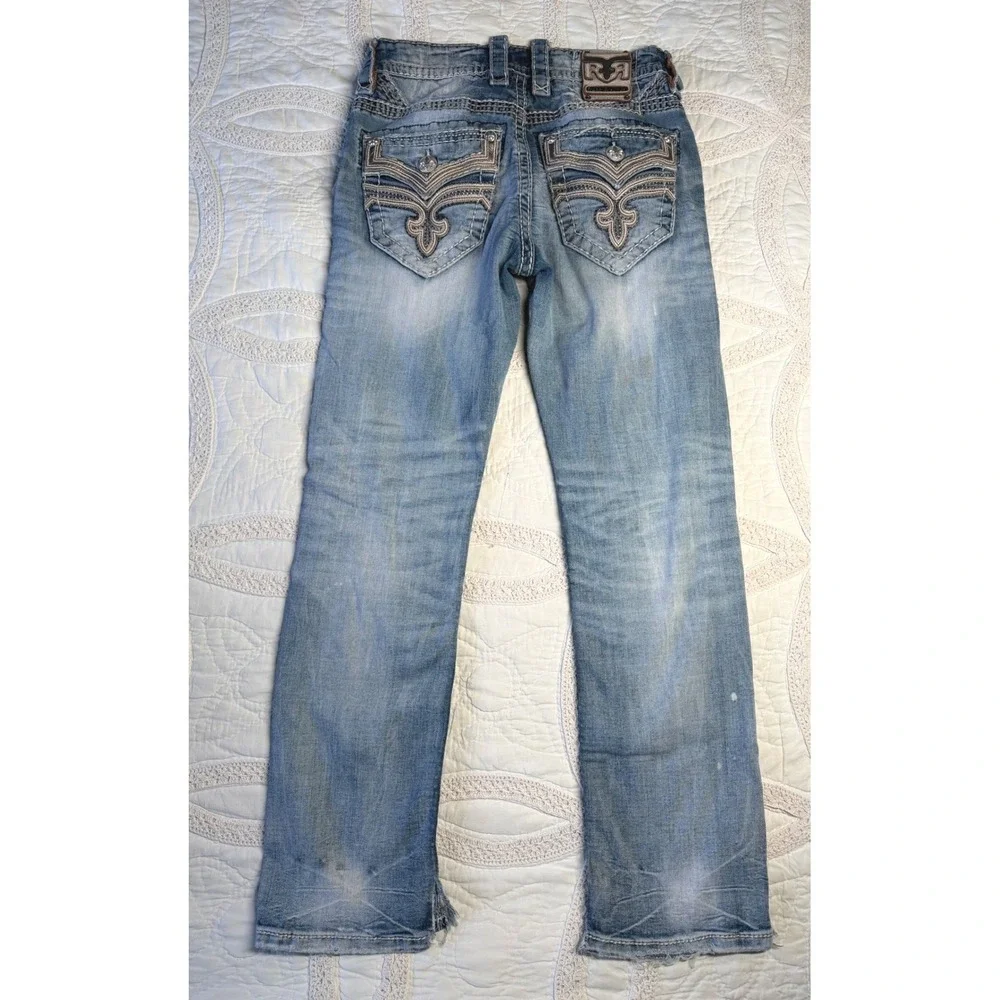 Rock Revival Stan Straight Jeans Blue Distressed Grunge Biker Festival Mens 29